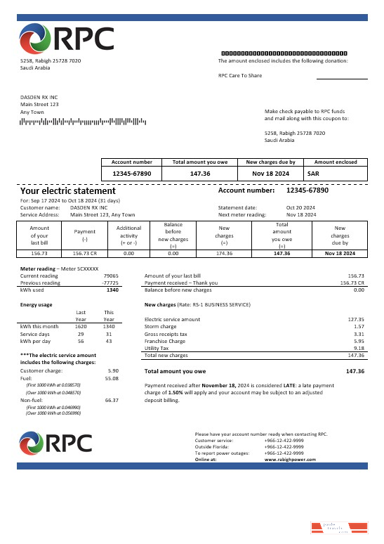 Saudi Arabia Rabigh Power Company business utility bill, Word and PDF template PSD template
